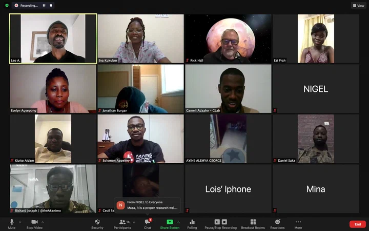 Video call grid of participants at the March 2021 Science Cafe on resilience, including Gameli Adzaho and Evelyn Agyepong