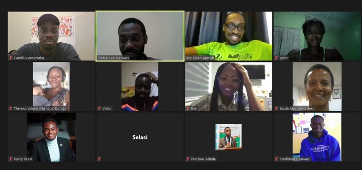 Video call grid of GLab members at the January 2021 Community Call on remote working, including Ato Ulzen-Appiah
