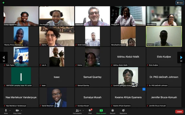 Video call grid of participants at the September 2021 Science Cafe on anaesthesiology, including Dr Irene Wulff