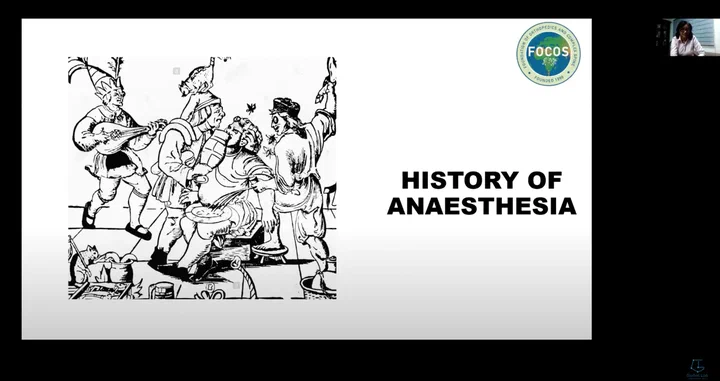 Slide ‘History of anaesthesia’ from Dr Wulff’s talk, with an old engraving of a crowded surgery scene