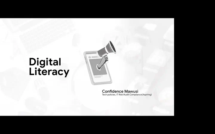 Title slide 'Digital Literacy' by speaker Confidence Mawusi, with a megaphone coming out of a phone screen