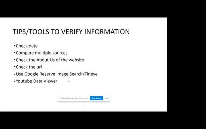 Slide of tips to verify information: check the date, compare sources, check the website and URL, use reverse image search