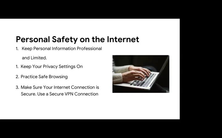 Slide on personal safety online: share little personal information, keep privacy settings on, browse safely, use a VPN