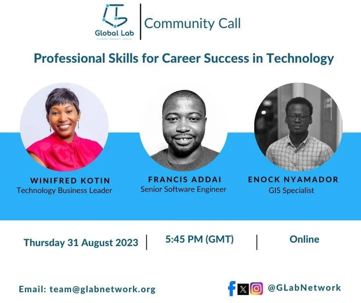 Flyer: Community Call on tech career skills with Winifred Kotin, Francis Addai and Enock Nyamador, 31 Aug 2023, 5:45 PM GMT