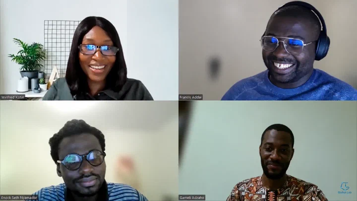 Video call with speakers Winifred Kotin, Francis Addai and Enock Seth Nyamador, and moderator Gameli Adzaho