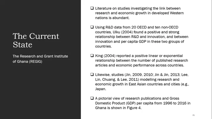 Slide ‘The Current State’ from Leo Ayerakwa’s talk, summarising studies that link research and R&D to economic growth