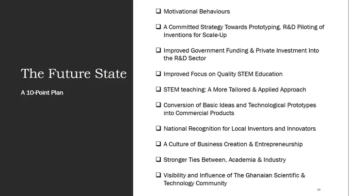 Slide ‘The Future State: a 10-point plan’, listing more R&D funding, better STEM teaching and closer academia-industry ties