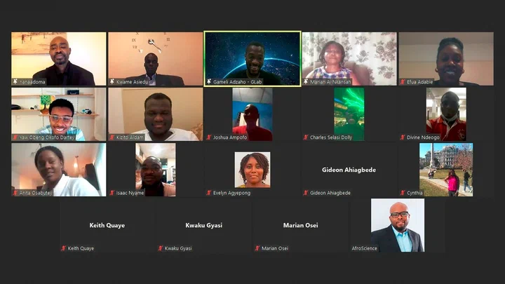 Video call grid of participants at the December 2021 Science Cafe, including Gameli Adzaho and Prof Marian Nkansah