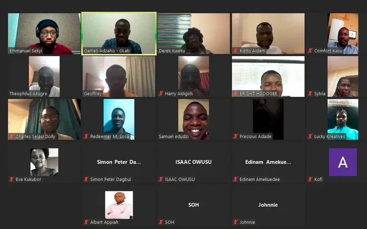 Video call grid of participants at the November 2021 Community Call, with speaker Emmanuel Sekyi and host Gameli Adzaho