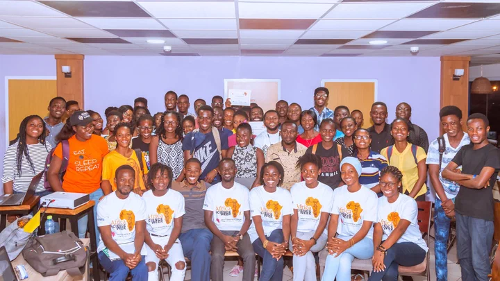 Group photo of datathon participants and organisers, several in Africa Science Week T-shirts