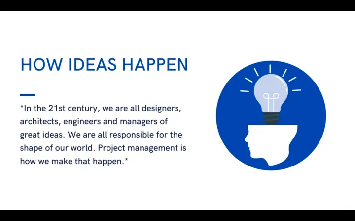 Slide 'How ideas happen' from Edison Gbenga's talk: project management is how we make great ideas happen