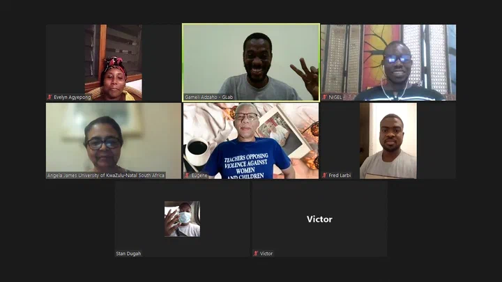 Video call grid of participants at the October 2021 Community Call on reading, with speaker Stan Dugah and host Gameli Adzaho