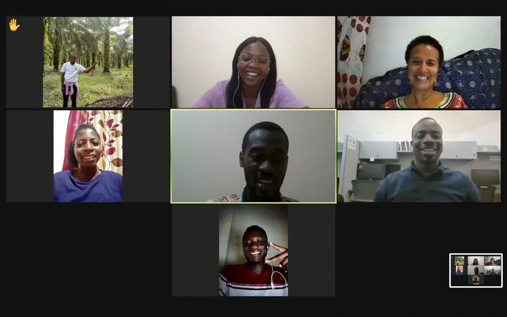 Video call grid of seven smiling participants at the February 2021 Community Call on STEM at work