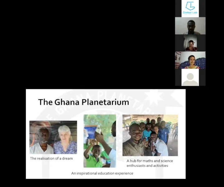 Slide ‘The Ghana Planetarium’ from Sarah Abotsi-Masters’ talk, with photos of the planetarium’s people and young visitors