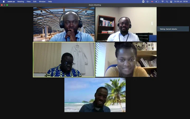 Video call with the four speakers on research careers and host Gameli Adzaho, who is talking
