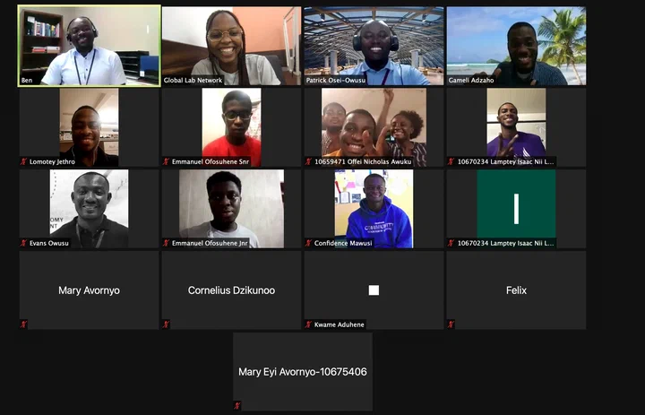 Video call grid of participants in the research careers discussion, including Dr Patrick Osei-Owusu and Gameli Adzaho