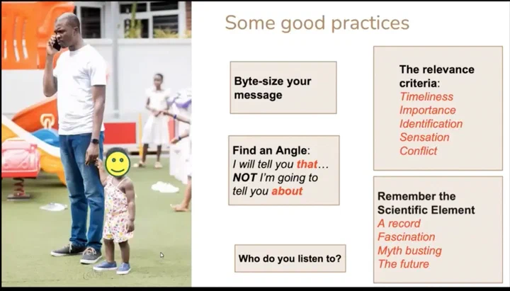 Dr Paul Owusu Donkor’s slide of good practices: byte-size your message, find an angle, check relevance, keep the science