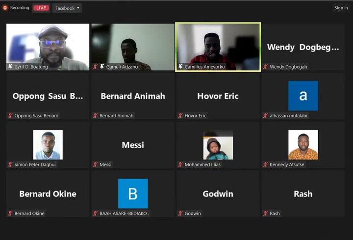Video call grid of participants at the September 2023 Science Cafe, streamed live to Facebook, with Dr Cyril Boateng