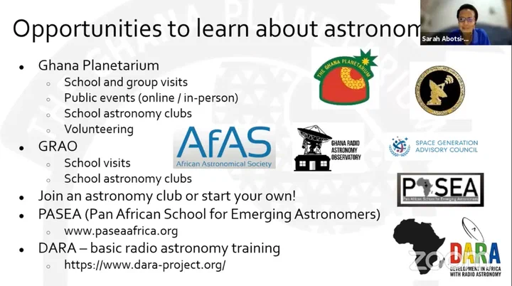 Sarah Abotsi-Masters’ slide on ways to learn astronomy in Ghana: Ghana Planetarium, GRAO, astronomy clubs, PASEA and DARA